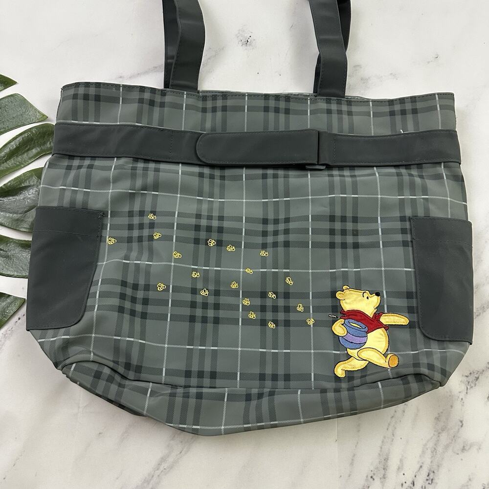 Disney Vintage Y2k Winnie the Pooh Tote Bag Purse Gray Plaid Embroidered Nylon - Picture 3 of 7